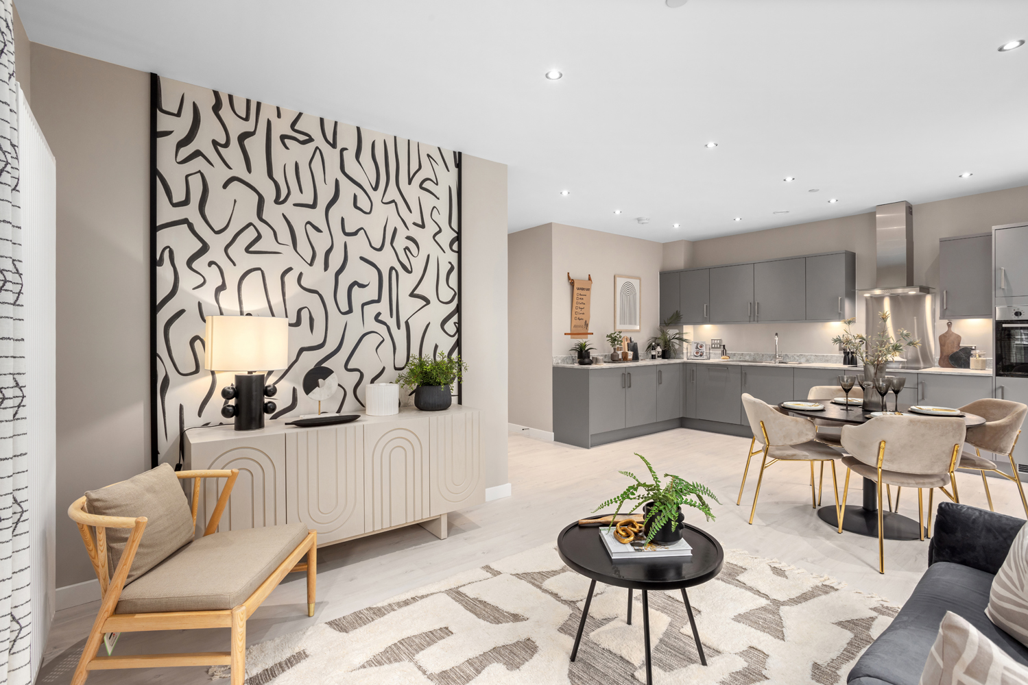 Open plan kitchen diner and living room, integrated appliances of a Shared Ownership family home