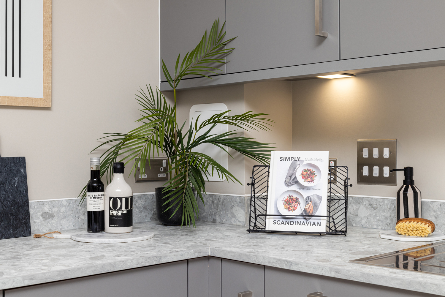 Close-up of kitchen counter decorated with a plant and cook book.