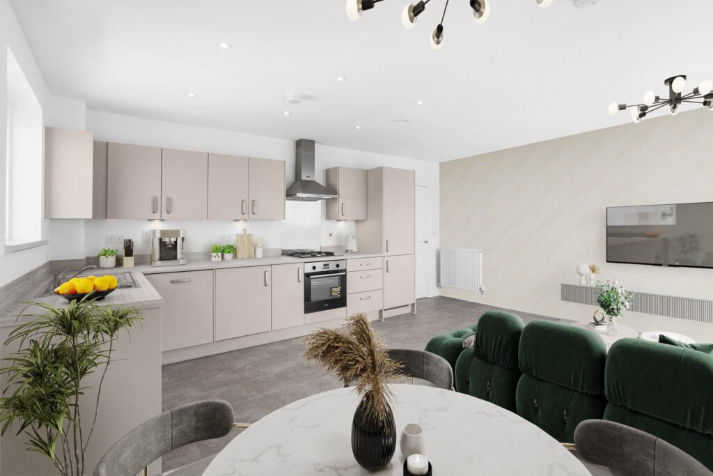 Open-plan kitchen and living area with fitted kitchen units, integrated appliances, lounge seating, and space for dining.