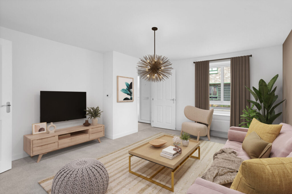 Contemporary living room with sofa, armchair, coffee table, TV unit, and large window with natural light.