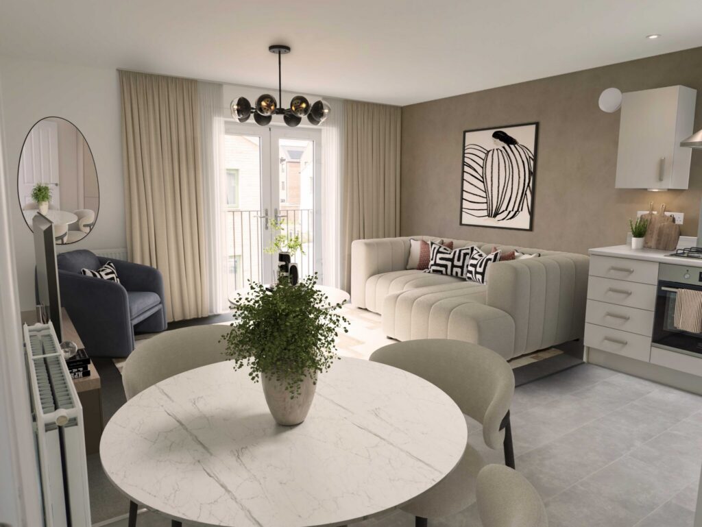 Open-plan living, dining and kitchen area with lounge seating, a round dining table, and modern fitted kitchen.