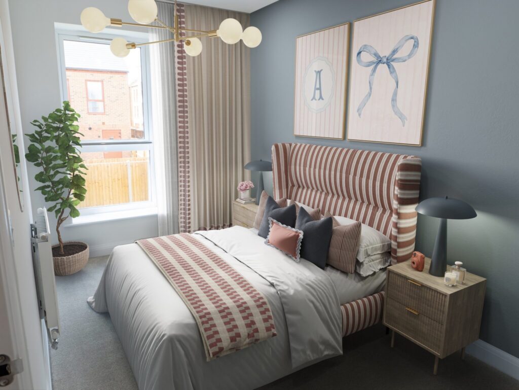 Stylish bedroom with a double bed, bedside tables, large window, and contemporary decorations in blue and pink tones.