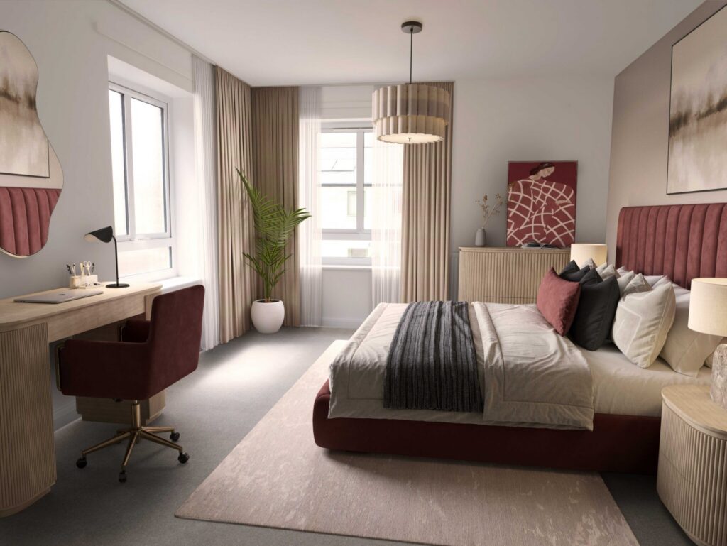 Contemporary bedroom with a double bed, workspace, large windows, storage, and neutral decorations with burgundy accents.