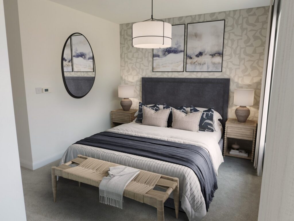 Contemporary double bedroom with a bed, bedside tables, feature wall, and neutral decorations in blue and grey tones.