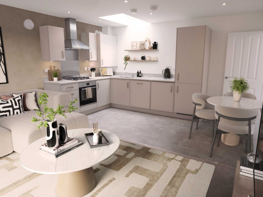 Modern open-plan kitchen and living area with neutral decorations, fitted kitchen units, dining table for four, and lounge seating.