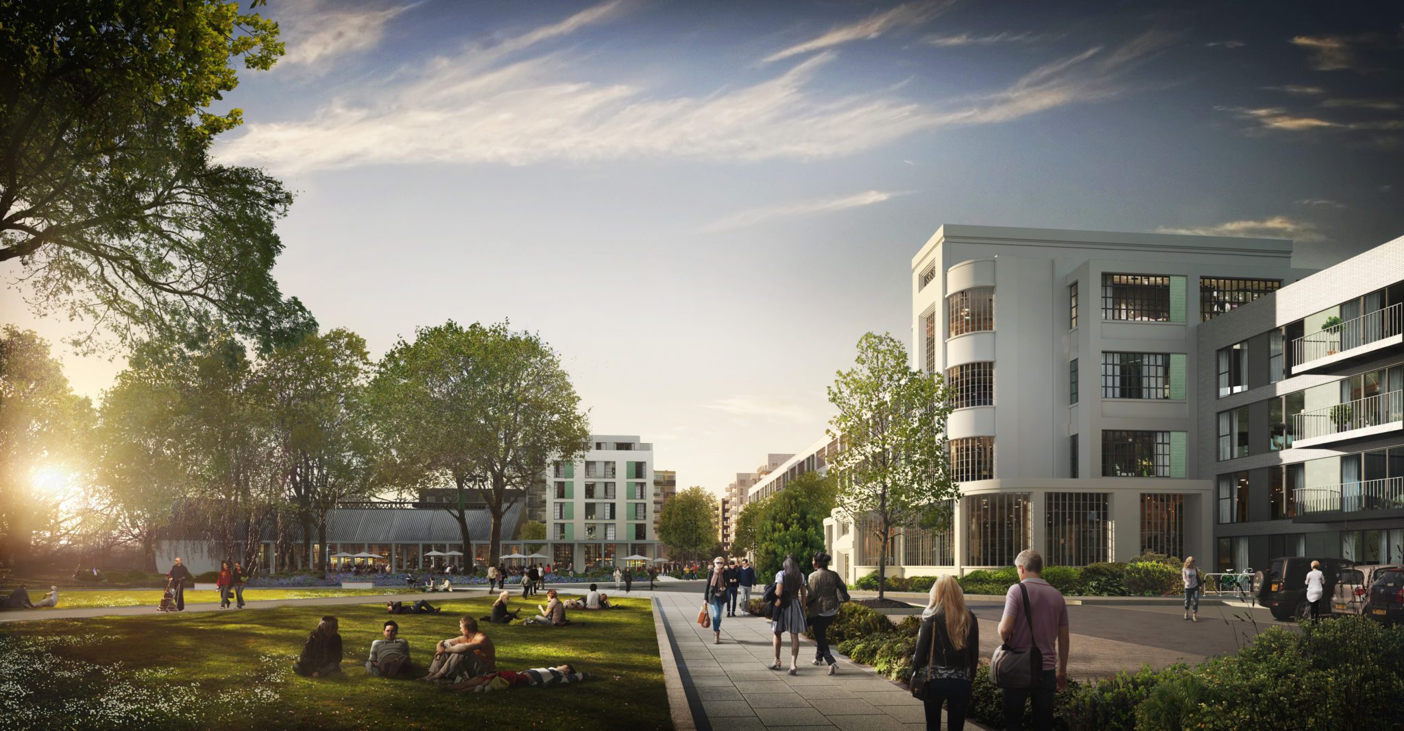 Landscaped communal gardens and walkways for residents at Hayes Village