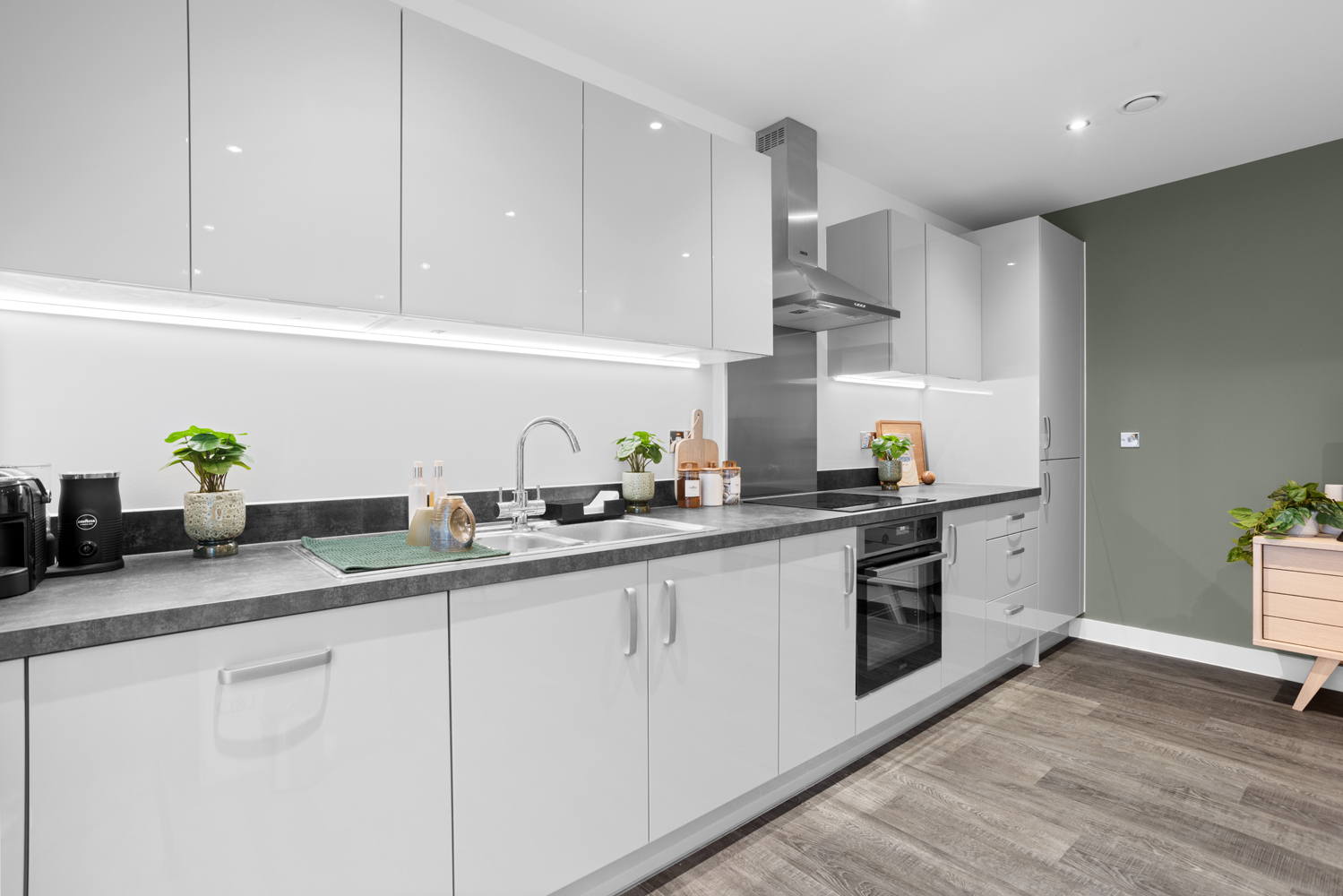 Grey kitchen with a green accent wall