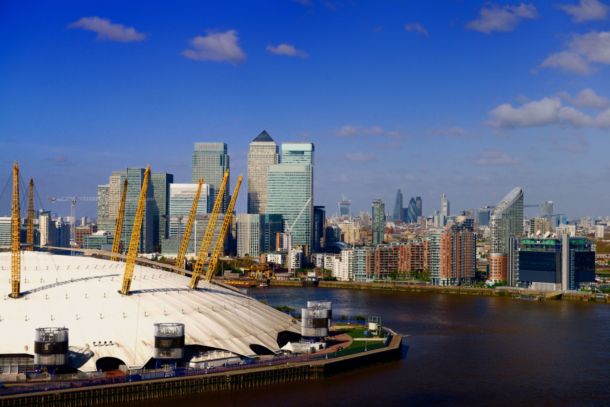 Aerial view of O2 Arena and Canary Wharf